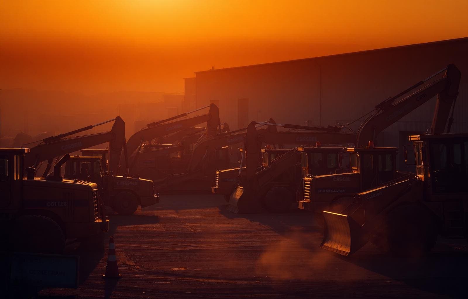 Pátio de locadora com escavadeiras e retroescavadeiras enfileiradas ao pôr do sol